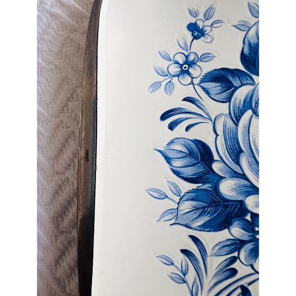 Vintage 5x5 Blue Floral Enamel Tray Stainless Steel Lamb Mark Mid Century Japan - Picture 3 of 7